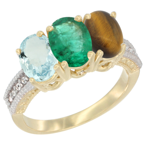 14K Yellow Gold Natural Aquamarine, Emerald & Tiger Eye Ring 3-Stone Oval 7x5 mm Diamond Accent, sizes 5 - 10