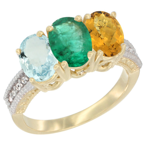 14K Yellow Gold Natural Aquamarine, Emerald & Whisky Quartz Ring 3-Stone Oval 7x5 mm Diamond Accent, sizes 5 - 10