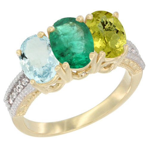 14K Yellow Gold Natural Aquamarine, Emerald & Lemon Quartz Ring 3-Stone Oval 7x5 mm Diamond Accent, sizes 5 - 10