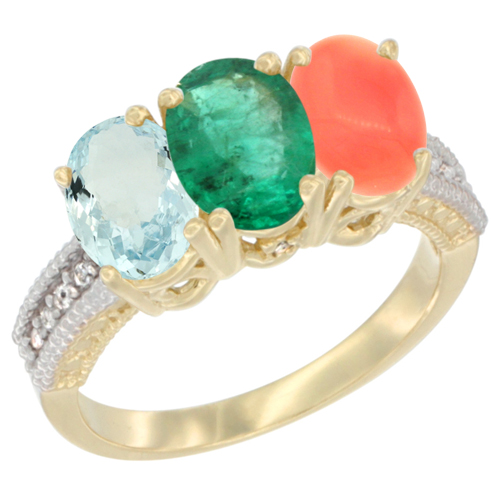 14K Yellow Gold Natural Aquamarine, Emerald & Coral Ring 3-Stone Oval 7x5 mm Diamond Accent, sizes 5 - 10