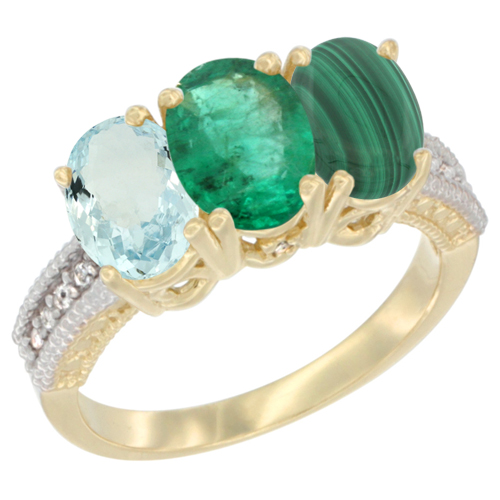 14K Yellow Gold Natural Aquamarine, Emerald & Malachite Ring 3-Stone Oval 7x5 mm Diamond Accent, sizes 5 - 10