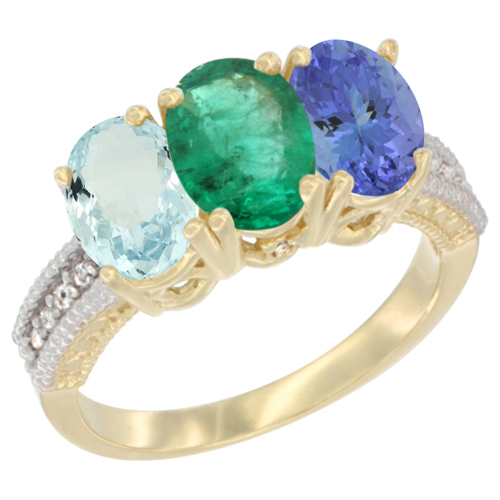 10K Yellow Gold Natural Aquamarine, Emerald & Tanzanite Ring 3-Stone Oval 7x5 mm, sizes 5 - 10