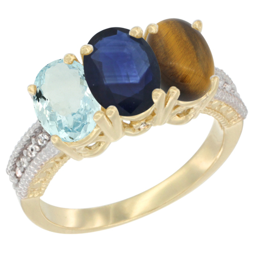 10K Yellow Gold Natural Aquamarine, Blue Sapphire & Tiger Eye Ring 3-Stone Oval 7x5 mm, sizes 5 - 10