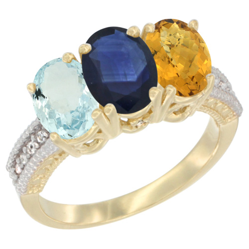 10K Yellow Gold Natural Aquamarine, Blue Sapphire & Whisky Quartz Ring 3-Stone Oval 7x5 mm, sizes 5 - 10