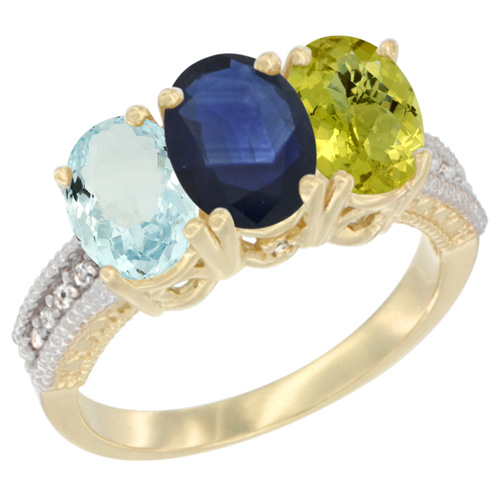 10K Yellow Gold Natural Aquamarine, Blue Sapphire & Lemon Quartz Ring 3-Stone Oval 7x5 mm, sizes 5 - 10