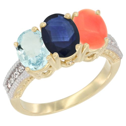 10K Yellow Gold Natural Aquamarine, Blue Sapphire & Coral Ring 3-Stone Oval 7x5 mm, sizes 5 - 10