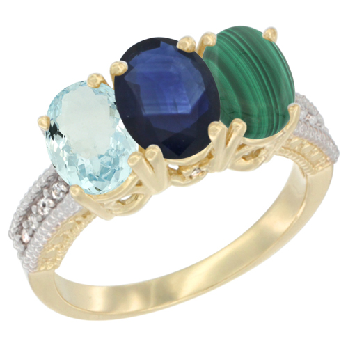 10K Yellow Gold Natural Aquamarine, Blue Sapphire & Malachite Ring 3-Stone Oval 7x5 mm, sizes 5 - 10