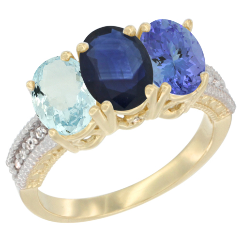 10K Yellow Gold Natural Aquamarine, Blue Sapphire & Tanzanite Ring 3-Stone Oval 7x5 mm, sizes 5 - 10