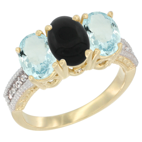 14K Yellow Gold Natural Black Onyx & Aquamarine Sides Ring 3-Stone Oval 7x5 mm Diamond Accent, sizes 5 - 10