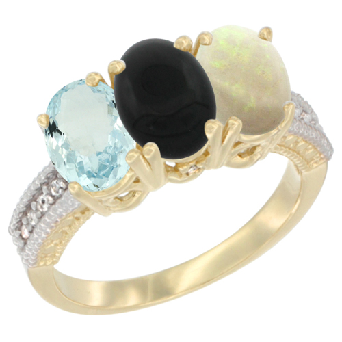 10K Yellow Gold Natural Aquamarine, Black Onyx & Opal Ring 3-Stone Oval 7x5 mm, sizes 5 - 10