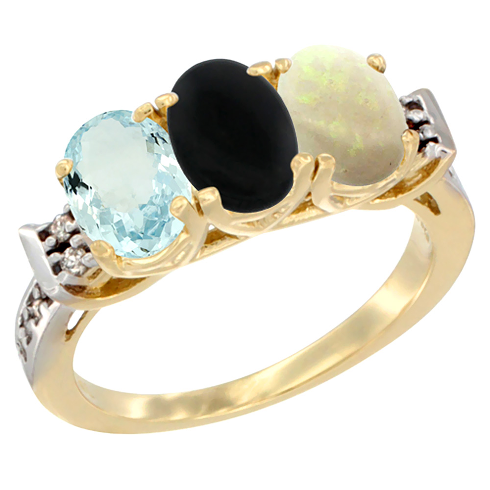 10K Yellow Gold Natural Aquamarine, Black Onyx & Opal Ring 3-Stone Oval 7x5 mm Diamond Accent, sizes 5 - 10