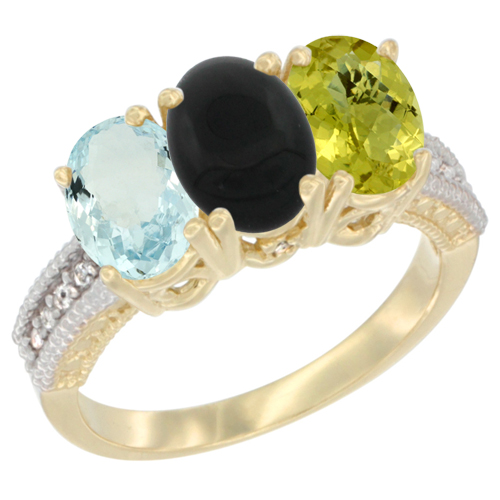 10K Yellow Gold Natural Aquamarine, Black Onyx & Lemon Quartz Ring 3-Stone Oval 7x5 mm, sizes 5 - 10