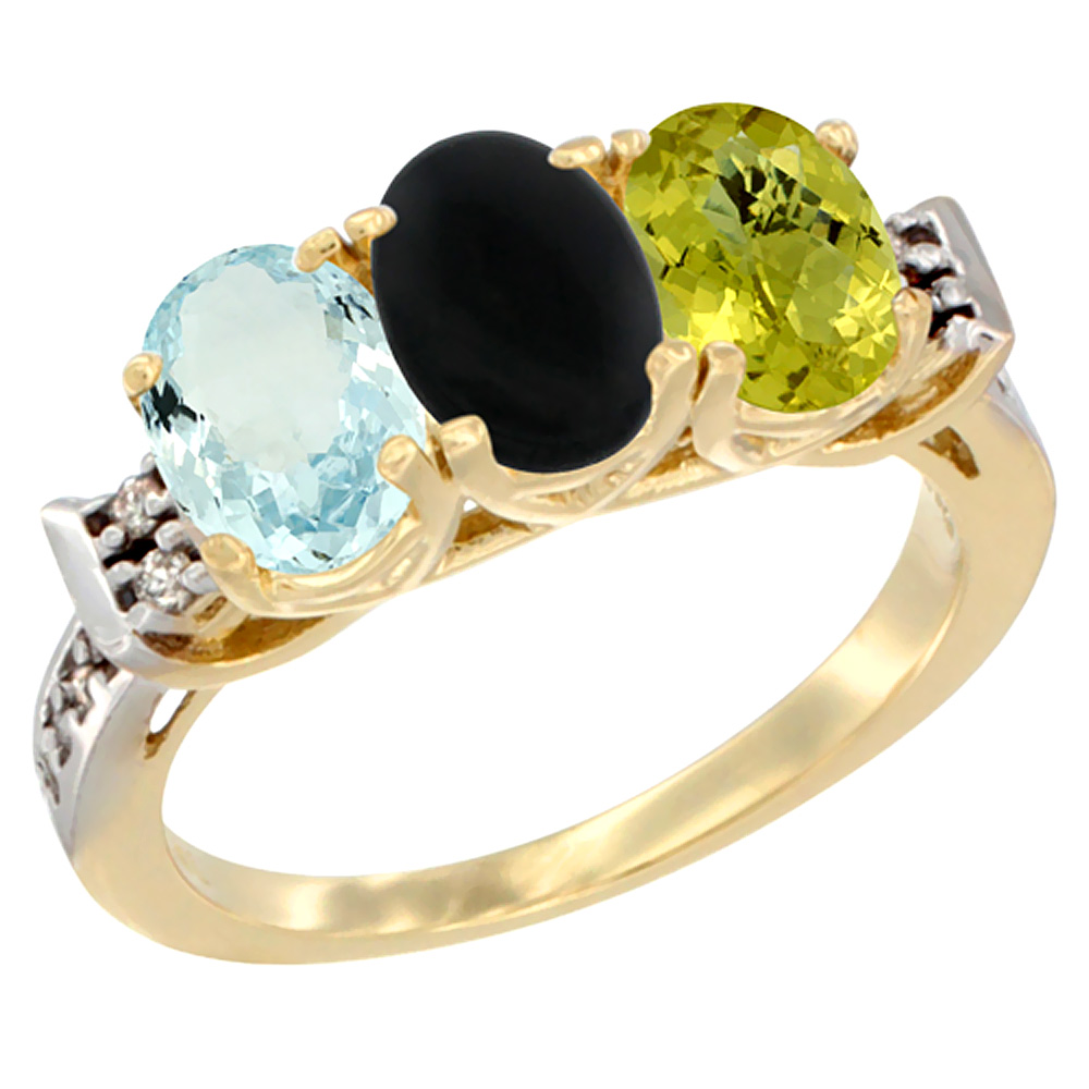 10K Yellow Gold Natural Aquamarine, Black Onyx & Lemon Quartz Ring 3-Stone Oval 7x5 mm Diamond Accent, sizes 5 - 10