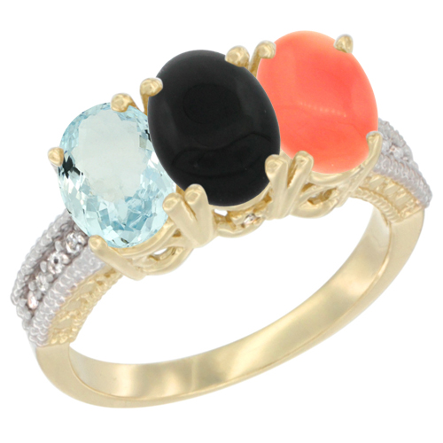 10K Yellow Gold Natural Aquamarine, Black Onyx & Coral Ring 3-Stone Oval 7x5 mm, sizes 5 - 10