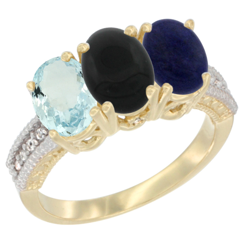 10K Yellow Gold Natural Aquamarine, Black Onyx & Lapis Ring 3-Stone Oval 7x5 mm, sizes 5 - 10