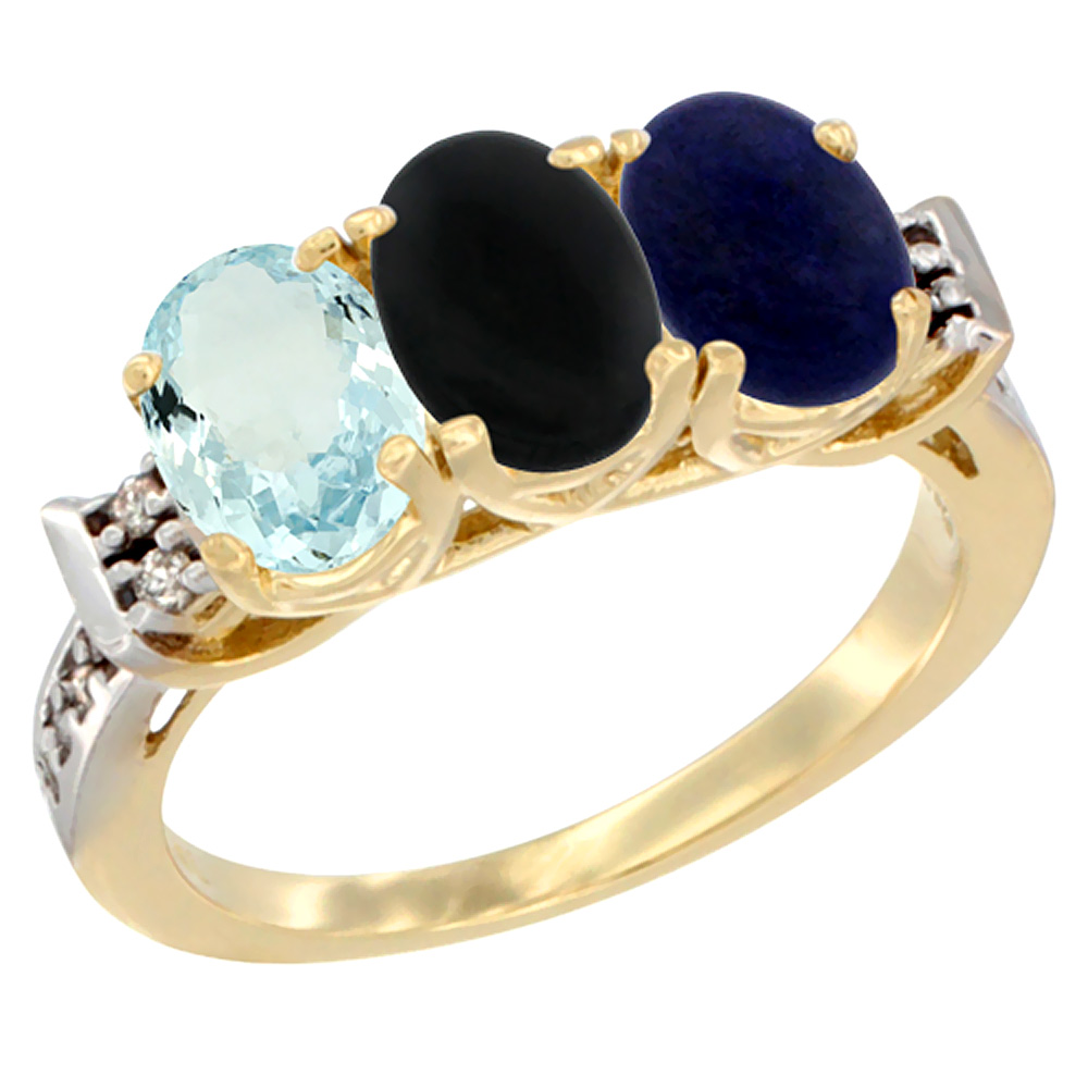 10K Yellow Gold Natural Aquamarine, Black Onyx & Lapis Ring 3-Stone Oval 7x5 mm Diamond Accent, sizes 5 - 10