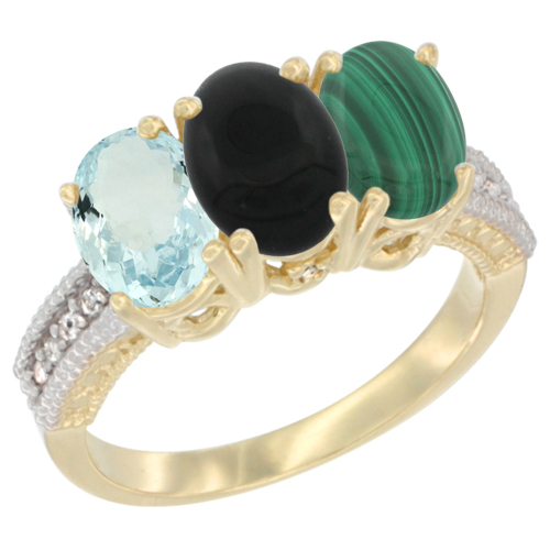 10K Yellow Gold Natural Aquamarine, Black Onyx & Malachite Ring 3-Stone Oval 7x5 mm, sizes 5 - 10