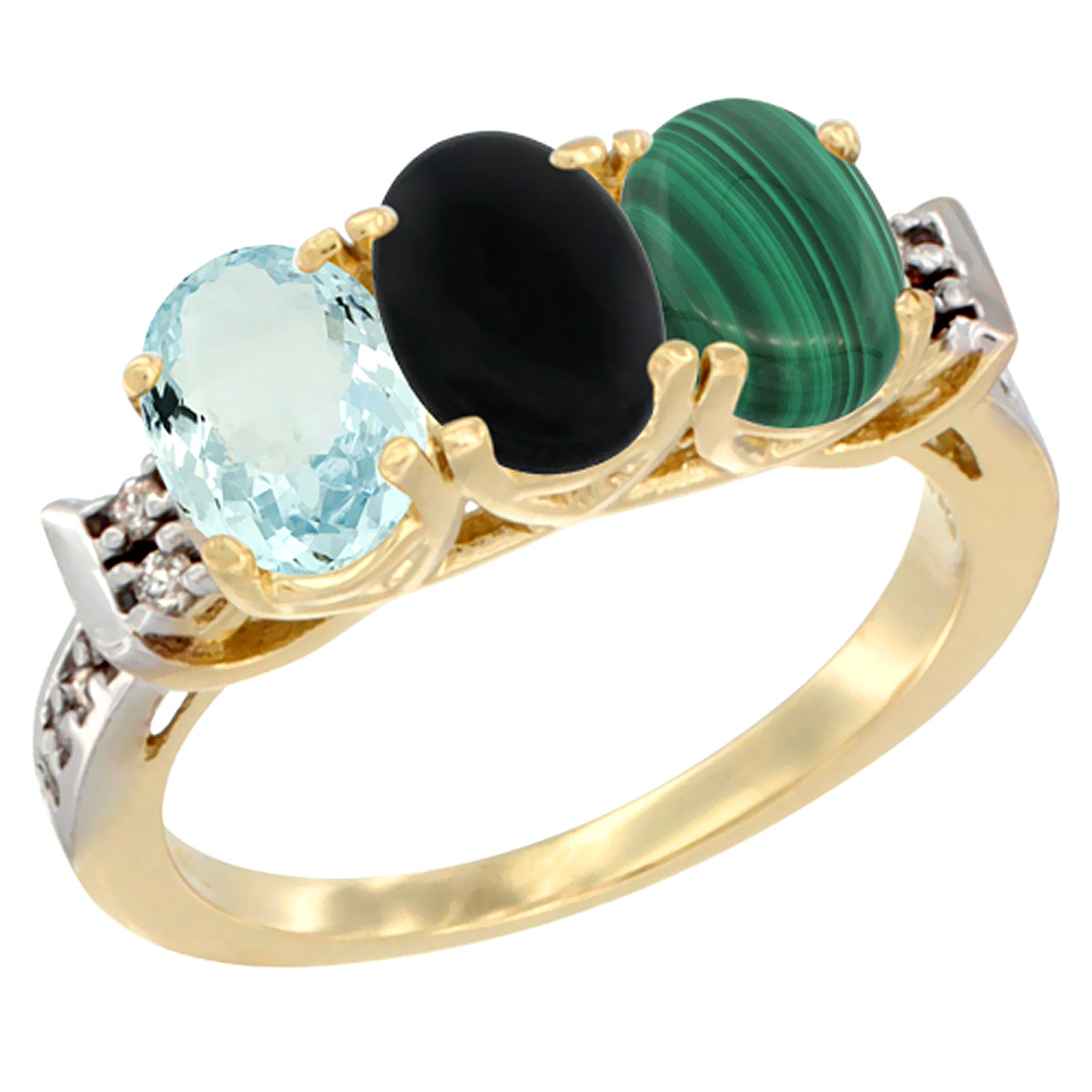 10K Yellow Gold Natural Aquamarine, Black Onyx & Malachite Ring 3-Stone Oval 7x5 mm Diamond Accent, sizes 5 - 10