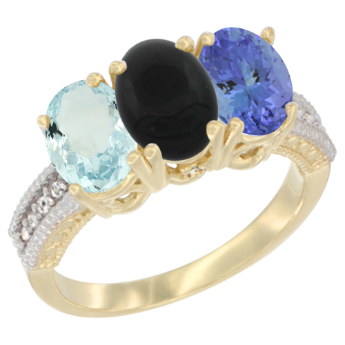 10K Yellow Gold Natural Aquamarine, Black Onyx & Tanzanite Ring 3-Stone Oval 7x5 mm, sizes 5 - 10
