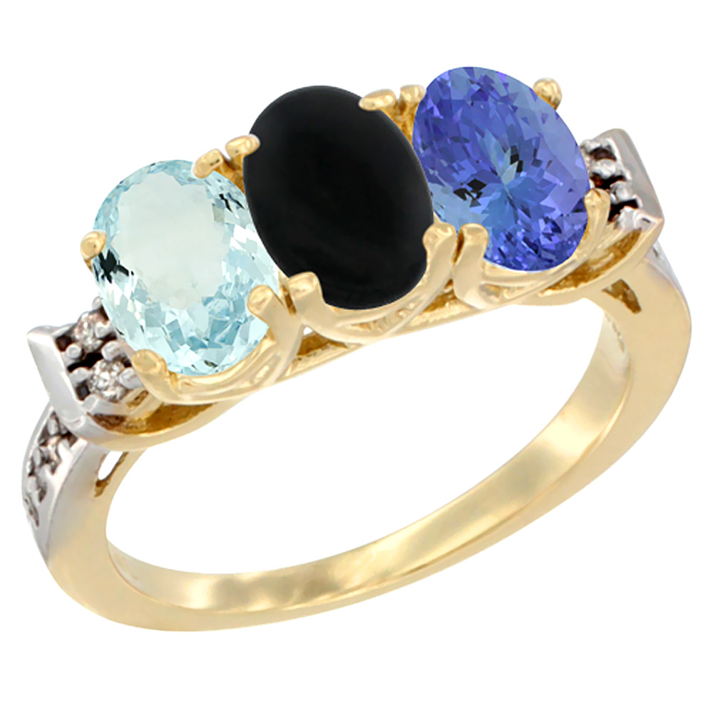 10K Yellow Gold Natural Aquamarine, Black Onyx & Tanzanite Ring 3-Stone Oval 7x5 mm Diamond Accent, sizes 5 - 10
