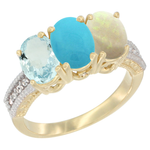 10K Yellow Gold Natural Aquamarine, Turquoise & Opal Ring 3-Stone Oval 7x5 mm, sizes 5 - 10