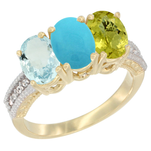 14K Yellow Gold Natural Aquamarine, Turquoise & Lemon Quartz Ring 3-Stone Oval 7x5 mm Diamond Accent, sizes 5 - 10