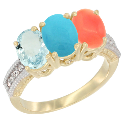 14K Yellow Gold Natural Aquamarine, Turquoise & Coral Ring 3-Stone Oval 7x5 mm Diamond Accent, sizes 5 - 10
