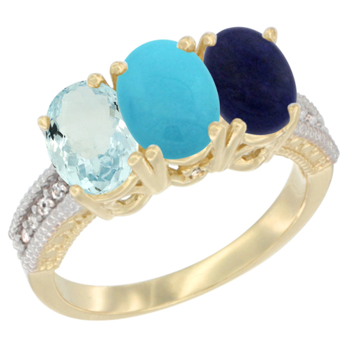 14K Yellow Gold Natural Aquamarine, Turquoise & Lapis Ring 3-Stone Oval 7x5 mm Diamond Accent, sizes 5 - 10