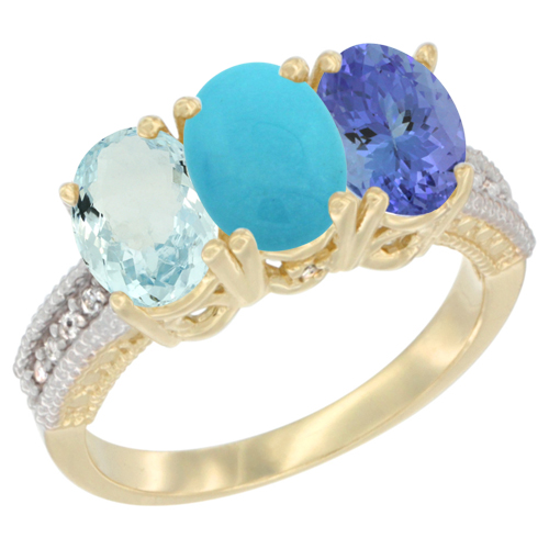 14K Yellow Gold Natural Aquamarine, Turquoise & Tanzanite Ring 3-Stone Oval 7x5 mm Diamond Accent, sizes 5 - 10