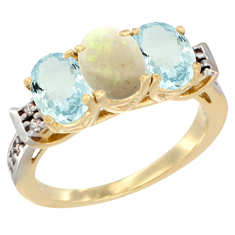 14K Yellow Gold Natural Opal & Aquamarine Sides Ring 3-Stone Oval 7x5 mm Diamond Accent, sizes 5 - 10