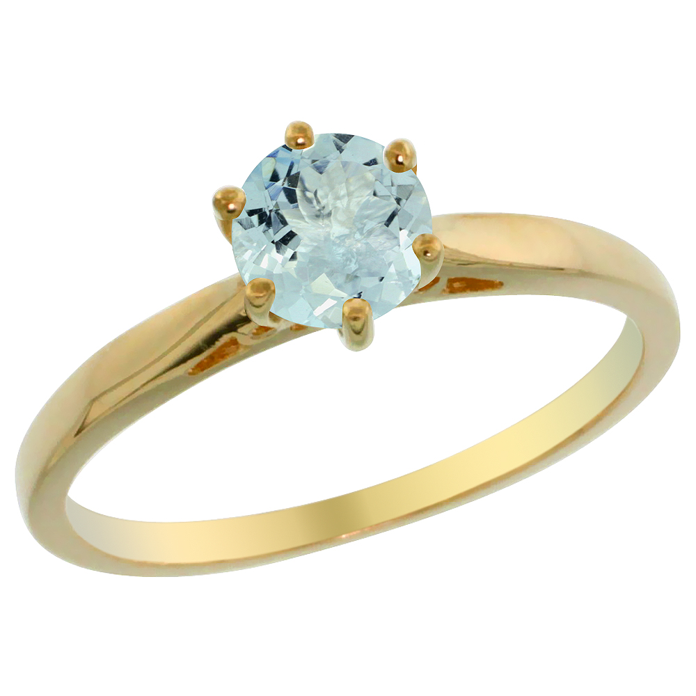 14K Yellow Gold Natural Aquamarine Solitaire Ring Round 5mm, sizes 5 - 10