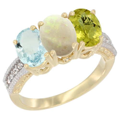 14K Yellow Gold Natural Aquamarine, Opal & Lemon Quartz Ring 3-Stone Oval 7x5 mm Diamond Accent, sizes 5 - 10