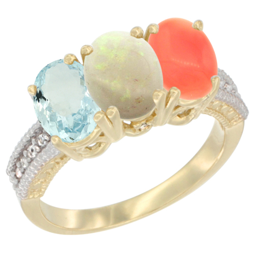 14K Yellow Gold Natural Aquamarine, Opal & Coral Ring 3-Stone Oval 7x5 mm Diamond Accent, sizes 5 - 10