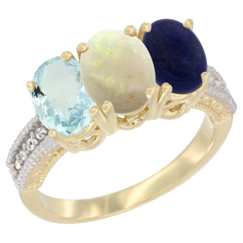 14K Yellow Gold Natural Aquamarine, Opal & Lapis Ring 3-Stone Oval 7x5 mm Diamond Accent, sizes 5 - 10