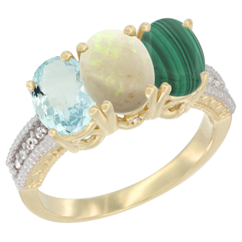 14K Yellow Gold Natural Aquamarine, Opal & Malachite Ring 3-Stone Oval 7x5 mm Diamond Accent, sizes 5 - 10