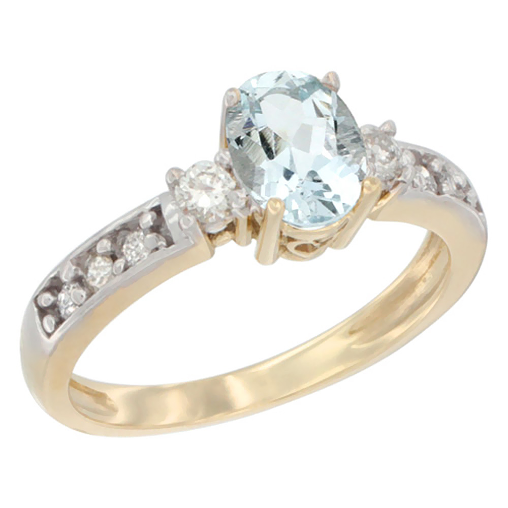 10k Yellow Gold Natural Aquamarine Ring Oval 7x5 mm Diamond Accent, sizes 5 - 10