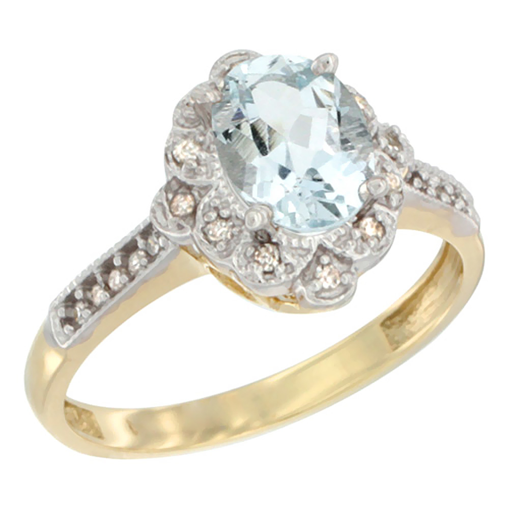 10K Yellow Gold Natural Aquamarine Ring Oval 8x6 mm Floral Diamond Halo, sizes 5 - 10
