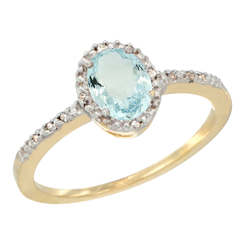 10K Yellow Gold Diamond Natural Aquamarine Engagement Ring Oval 7x5 mm, sizes 5 - 10