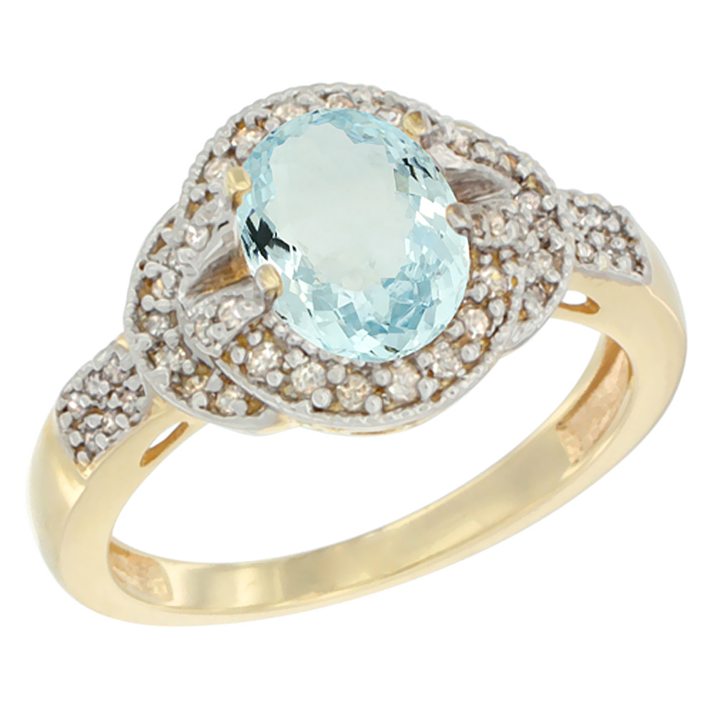 10K Yellow Gold Natural Aquamarine Ring Oval 8x6 mm Diamond Accent, sizes 5 - 10