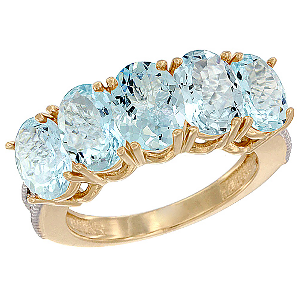 10K Yellow Gold Natural Aquamarine 0.71 ct. Oval 7x5mm 5-Stone Mother's Ring with Diamond Accents, sizes 5 to 10 with half sizes