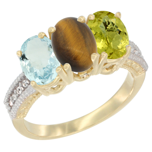 10K Yellow Gold Natural Aquamarine, Tiger Eye & Lemon Quartz Ring 3-Stone Oval 7x5 mm, sizes 5 - 10