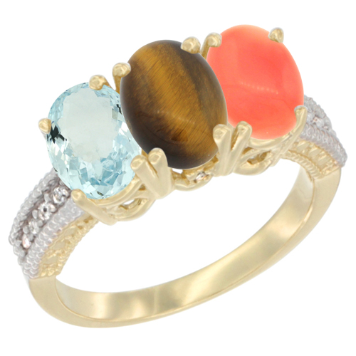 10K Yellow Gold Natural Aquamarine, Tiger Eye & Coral Ring 3-Stone Oval 7x5 mm, sizes 5 - 10