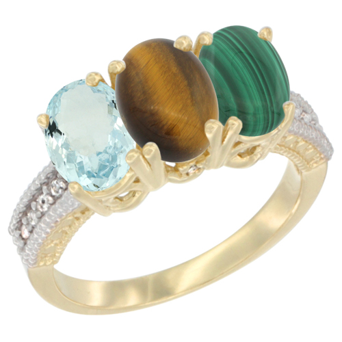 10K Yellow Gold Natural Aquamarine, Tiger Eye & Malachite Ring 3-Stone Oval 7x5 mm, sizes 5 - 10