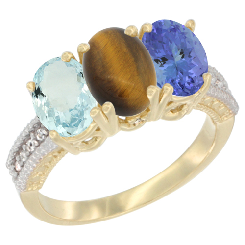 10K Yellow Gold Natural Aquamarine, Tiger Eye & Tanzanite Ring 3-Stone Oval 7x5 mm, sizes 5 - 10