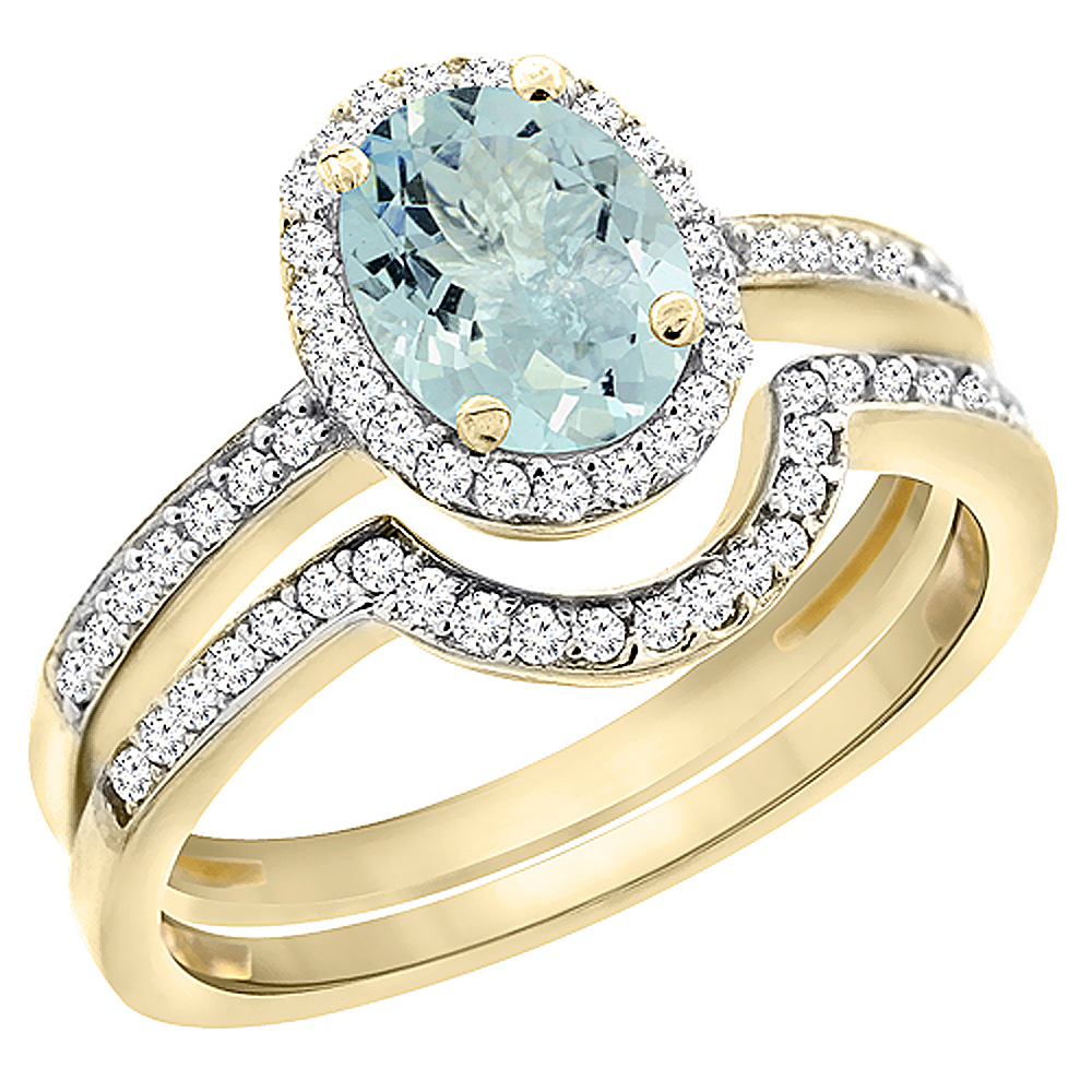 10K Yellow Gold Diamond Natural Aquamarine 2-Pc. Engagement Ring Set Oval 8x6 mm, sizes 5 - 10
