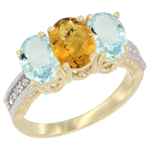 10K Yellow Gold Natural Whisky Quartz & Aquamarine Ring 3-Stone Oval 7x5 mm, sizes 5 - 10