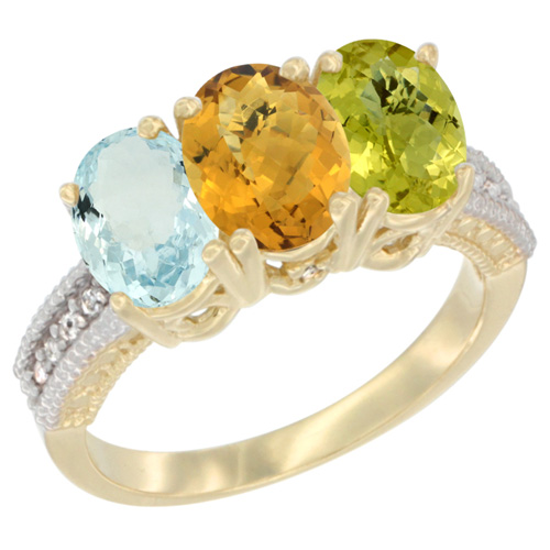 10K Yellow Gold Natural Aquamarine, Whisky Quartz & Lemon Quartz Ring 3-Stone Oval 7x5 mm, sizes 5 - 10