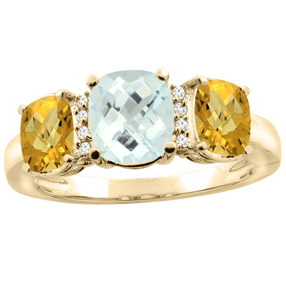 10K Yellow Gold Natural Aquamarine & Whisky Quartz 3-stone Ring Cushion 8x6mm Diamond Accent, sizes 5 - 10