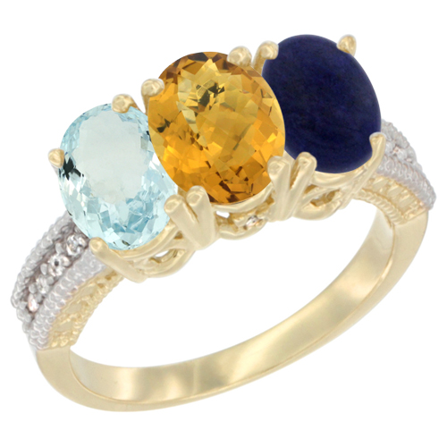 10K Yellow Gold Natural Aquamarine, Whisky Quartz & Lapis Ring 3-Stone Oval 7x5 mm, sizes 5 - 10