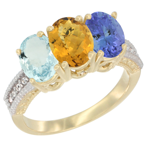 10K Yellow Gold Natural Aquamarine, Whisky Quartz & Tanzanite Ring 3-Stone Oval 7x5 mm, sizes 5 - 10